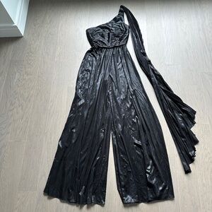 Retrofete Black Metallic Lame Jumpsuit One Shoulder Size Small